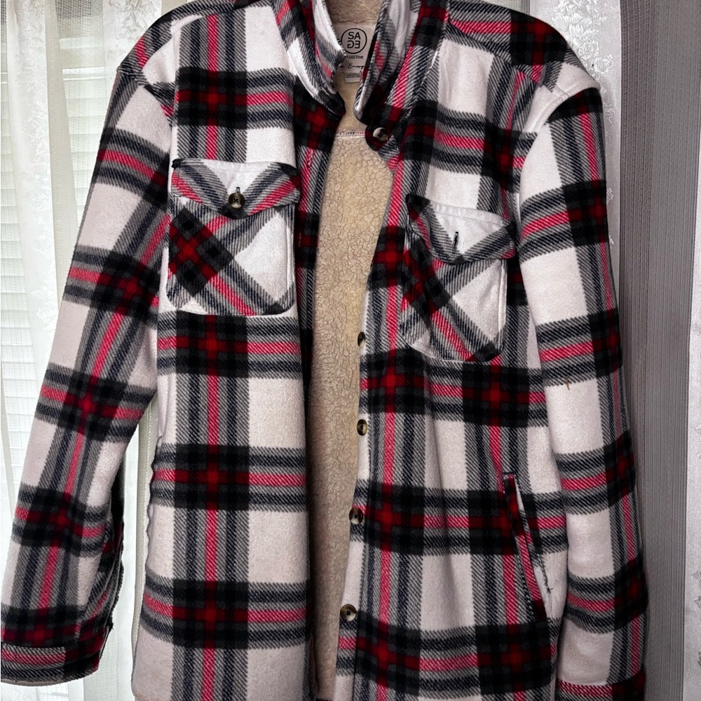 Sage Plaid Teddy‎ Jacket - Red, Black, White